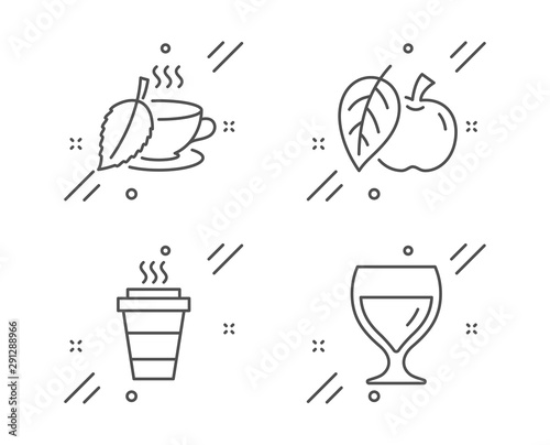 Takeaway, Apple and Mint tea line icons set. Wine glass sign. Takeout coffee, Fruit, Mentha beverage. Cabernet wineglass. Food and drink set. Line takeaway outline icon. Vector