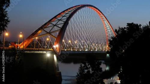 Night video of cable-stayed bridge Bugrinskiy over river Ob in Novosibirsk, Siberia, Russia photo