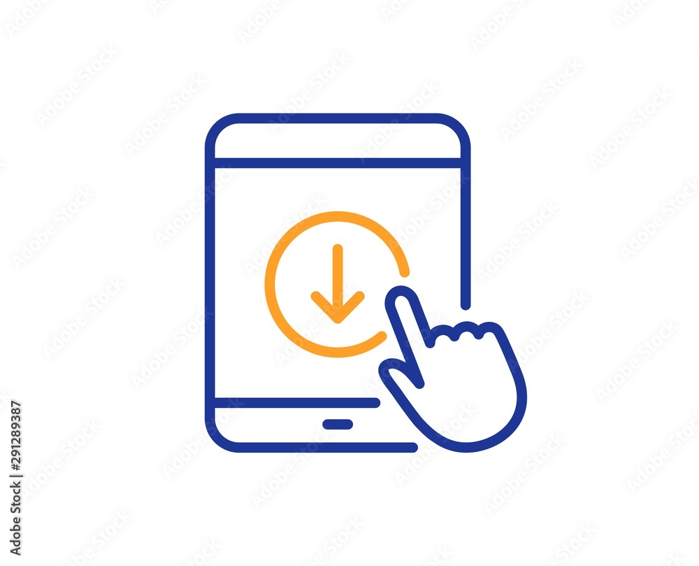 Scrolling screen sign. Scroll down tablet pc line icon. Swipe page. Colorful outline concept. Blue and orange thin line scroll down icon. Vector Scrolling screen sign. Scroll down tablet pc line icon. Swipe page. Colorful outline concept. Blue and orange thin line scroll down icon. Vector