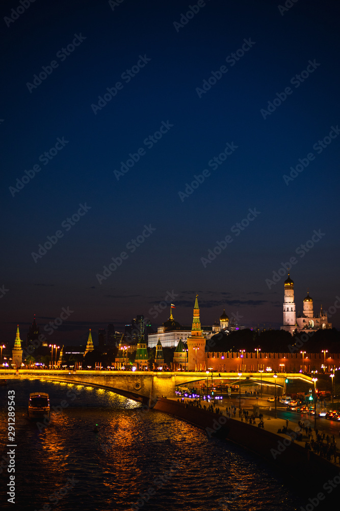 The capital of Russia is Moscow, night shooting. Evening panorama of the modern city. Red Square.