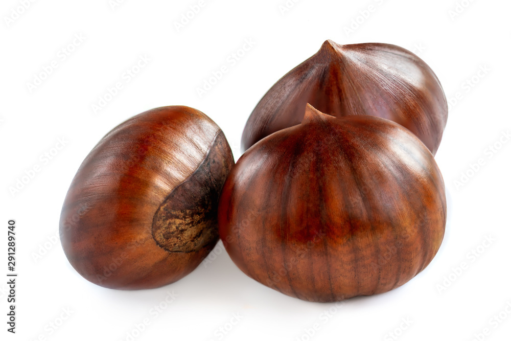 Chestnuts isolated on white background. Ripe sweet Chestnuts for Christmas Chestnuts isolated on white background. Ripe sweet Chestnuts for Christmas