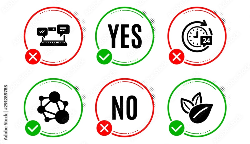 24h delivery, Internet chat and Integrity icons simple set. Yes no check box. Organic product sign. Stopwatch, Online communication, Social network. Leaves. Technology set. 24h delivery icon. Vector