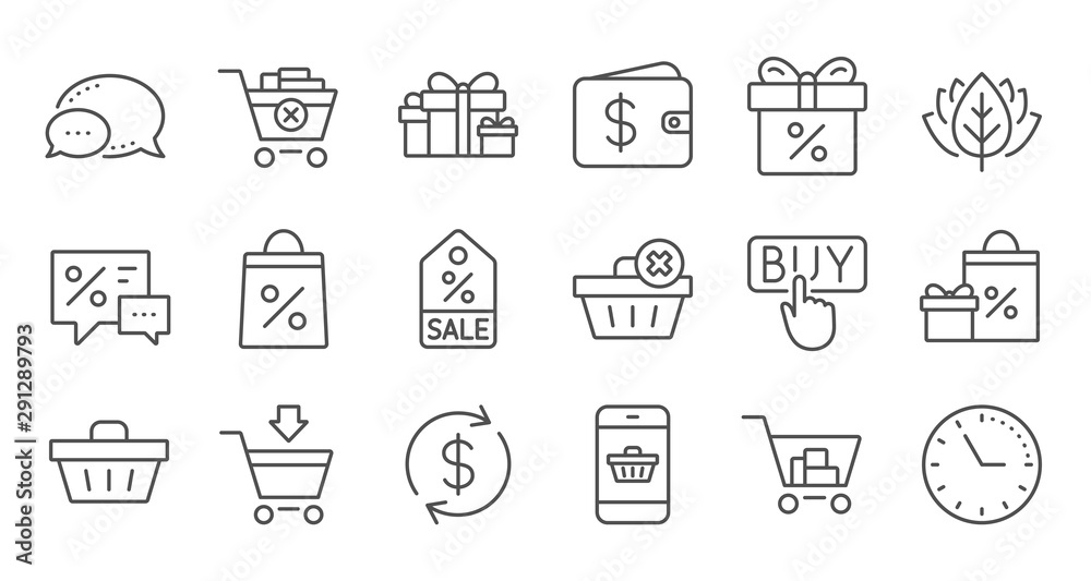 Shopping line icons. Gift, Percent sign and Sale discount. Delivery linear icon set. Quality line set. Vector Shopping line icons. Gift, Percent sign and Sale discount. Delivery linear icon set. Quality line set. Vector