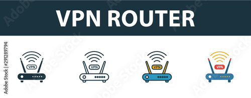 Vpn Router icon set. Four simple symbols in diferent styles from icons collection. Creative vpn router icons filled, outline, colored and flat symbols