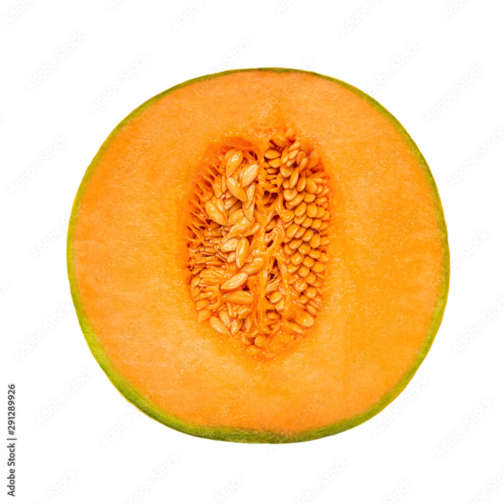  Fresh Half cantaloupe Melon fruit isolated  on white background. Flat lay. Top view