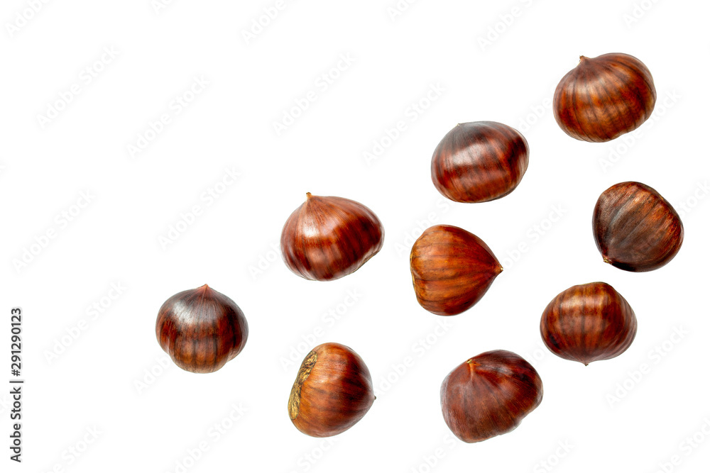 Chestnut Isolated. Ripe sweet chestnuts for Christmas on white background. Top view. Flat lay. Chestnut Isolated. Ripe sweet chestnuts for Christmas on white background. Top view. Flat lay.