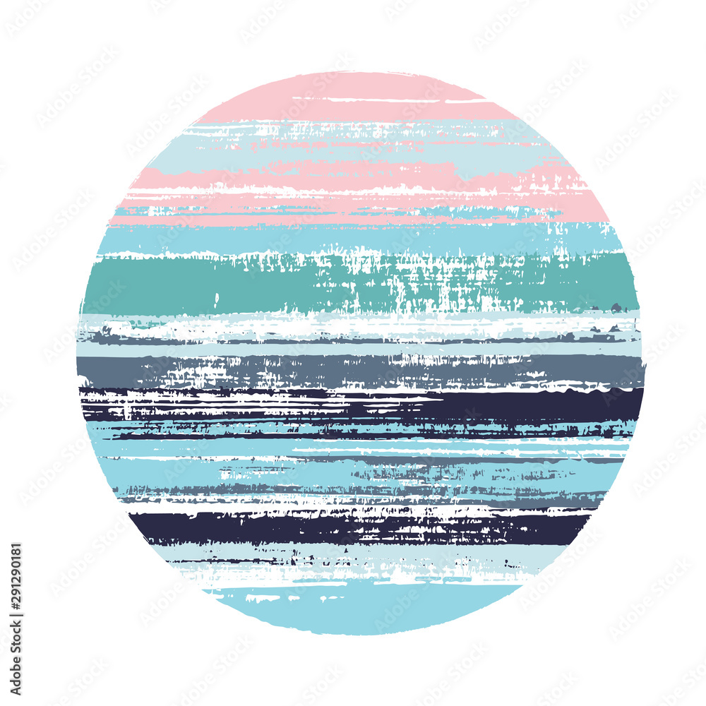 Vintage circle vector geometric shape with stripes texture of paint horizontal lines. Disc banner with old paint texture. Badge round shape circle logo element with grunge stripes background.