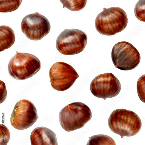 Chestnut Pattern. Ripe sweet Chestnuts isolated  on white background. Christmas food. Top view. Flat lay photo