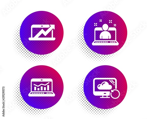 Web analytics, Sales diagram and Best manager icons simple set. Halftone dots button. Recovery cloud sign. Statistics, Sale growth chart, Best developer. Backup info. Education set. Vector