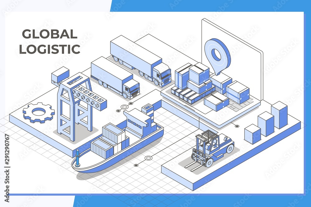 Global logistic service modern isometric line illustration.xport, import, warehouse business, transport sketch drawn icons.