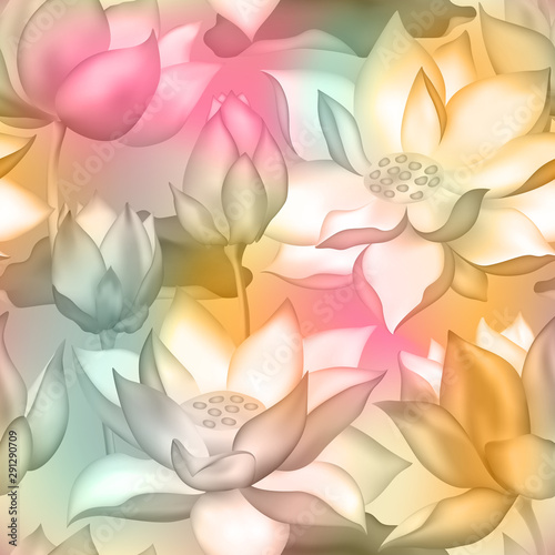 Lotus buds and flowers seamless fabric print., Water lilly nelumbo aquatic plant botanical design.
