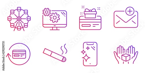 Loyalty card, Smoking and Ferris wheel line icons set. Settings, Refund commission and Smartphone clean signs. New mail, Hold box symbols. Bonus points, Cigarette. Gradient loyalty card icon. Vector