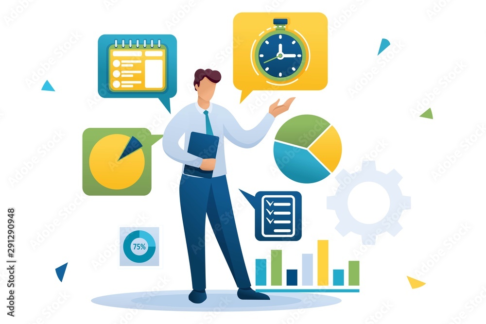 Young businessman is engaged in time management. Distribution of tasks. Flat 2D character. Concept for web design