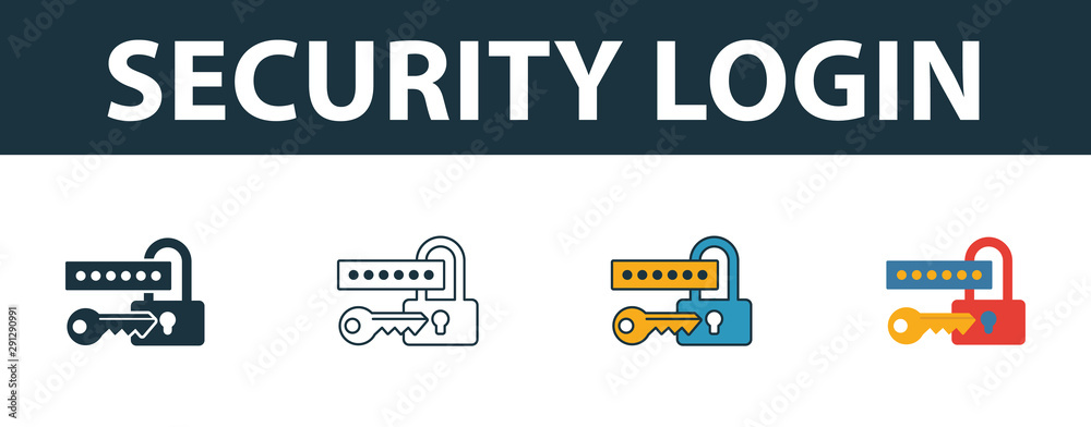 Security Login icon set. Four simple symbols in diferent styles from web  development icons collection. Creative security login icons filled,  outline, colored and flat symbols Stock Vector | Adobe Stock