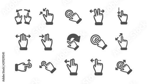 Touchscreen gesture icons. Hand swipe, Slide gesture, Multitasking icons. Touchscreen technology, tap on screen, drag and drop. Classic set. Quality set. Vector