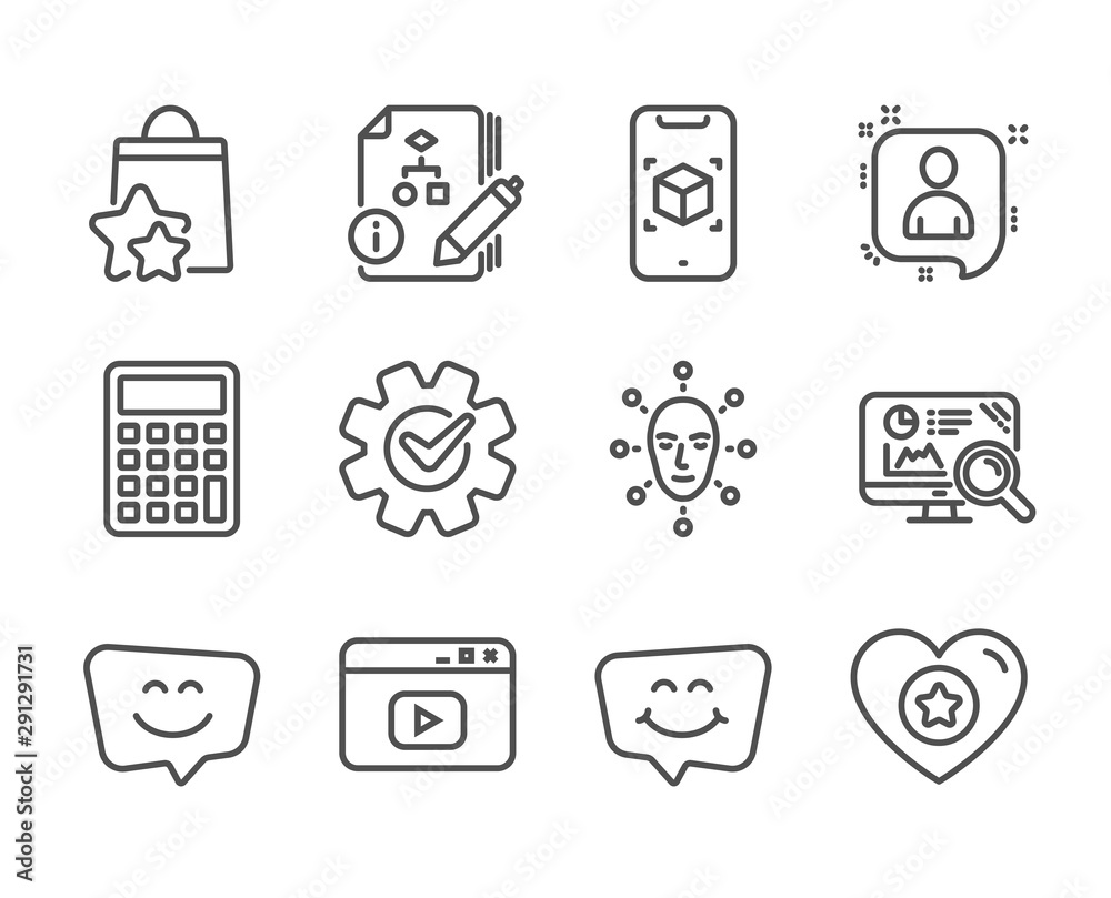 Set of Technology icons, such as Cogwheel, Smile chat, Loyalty points, Video content, Algorithm, Face biometrics, Augmented reality, Developers chat, Smile face, Calculator, Heart. Vector Set of Technology icons, such as Cogwheel, Smile chat, Loyalty points, Video content, Algorithm, Face biometrics, Augmented reality, Developers chat, Smile face, Calculator, Heart. Vector
