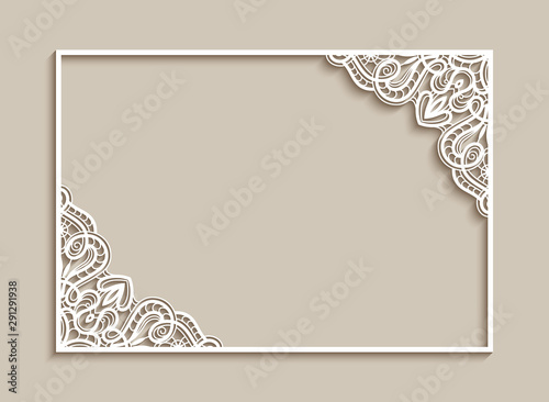Rectangle frame with lace corner pattern, cutout paper ornament, elegant template for laser cutting, vintage decoration for wedding invitation or name place card design