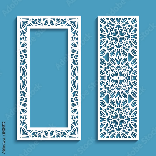 Elegant panels with lace pattern, stencil ornament and rectangle frame for laser cutting or wood carving, lacy decoration for wedding invitation card with place for text