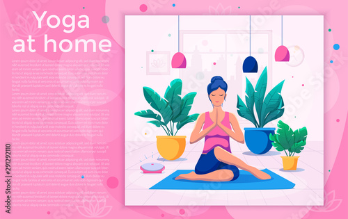 Woman doing yoga at home vector illustration. Healthy lifestyle.