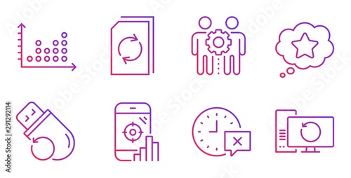 Seo phone, Update document and Dot plot line icons set. Flash memory, Time and Employees teamwork signs. Loyalty star, Recovery computer symbols. Search engine, Refresh file. Technology set. Vector photo