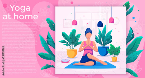 Woman doing yoga at home vector illustration. Healthy lifestyle.