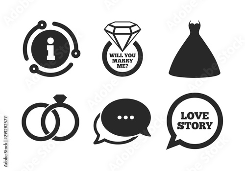 Bride and groom rings symbol. Chat, info sign. Wedding dress icon. Wedding or engagement day ring with diamond sign. Will you marry me? Classic style speech bubble icon. Vector