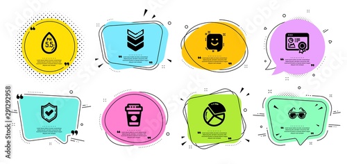 Shoulder strap, Smile and Pie chart line icons set. Chat bubbles with quotes. Confirmed, Seo certificate and Ph neutral signs. Takeaway coffee, Sunglasses symbols. Army rank, Positive feedback. Vector