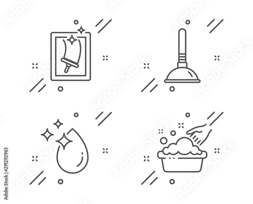 Water drop, Plunger and Window cleaning line icons set. Hand washing sign. Crystal aqua, Clogged pipes cleaner, Housekeeping service. Laundry basin. Cleaning set. Line water drop outline icon. Vector