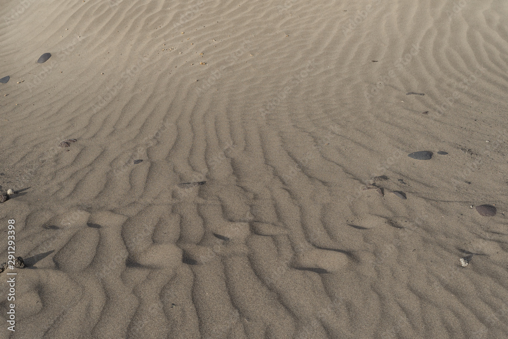 Dry sand gracefully laid with strong wind strips stretching into the distance and horizontal line of human traces swept up by the wind Dry sand gracefully laid with strong wind strips stretching into the distance and horizontal line of human traces swept up by the wind