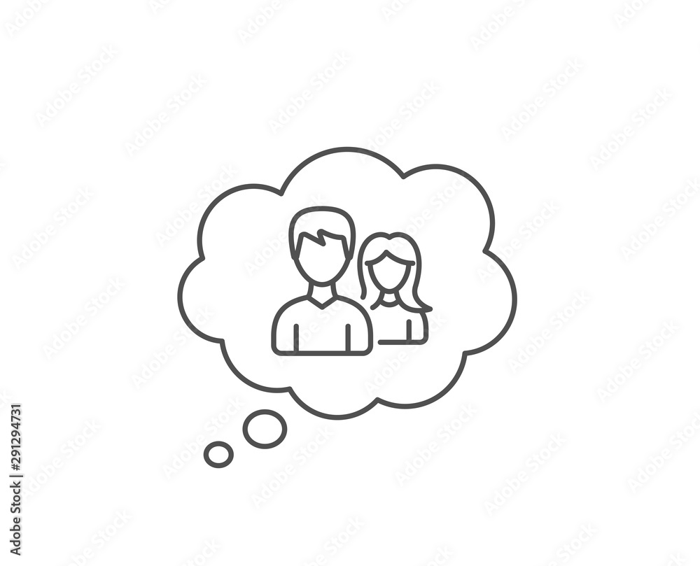 Group line icon. Chat bubble design. Users or Teamwork sign. Male and Female Person silhouette symbol. Outline concept. Thin line teamwork icon. Vector Group line icon. Chat bubble design. Users or Teamwork sign. Male and Female Person silhouette symbol. Outline concept. Thin line teamwork icon. Vector
