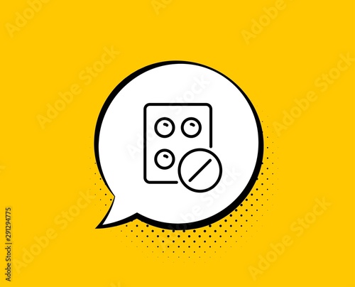 Medical tablet line icon. Comic speech bubble. Medicine drugs sign. Pharmacy medication symbol. Yellow background with chat bubble. Medical tablet icon. Colorful banner. Vector