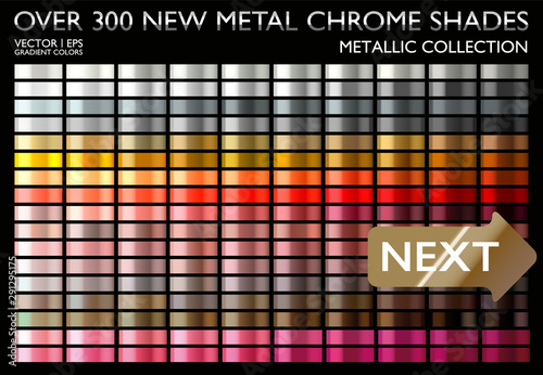 Metal gradient color set. Chrome texture surface background template for screen, mobile, digital, web. Metallic and chromium shade combination. Gold, silver, bronze colorful palette collection new..