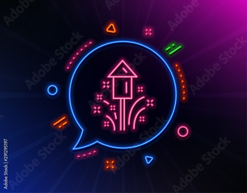 Fireworks line icon. Neon laser lights. Christmas or New year rocket sign. Pyrotechnic symbol. Glow laser speech bubble. Neon lights chat bubble. Banner badge with fireworks icon. Vector