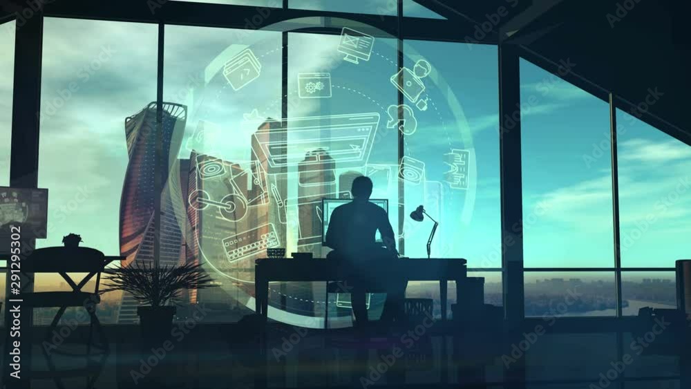 Web designer in his office on infographic background.