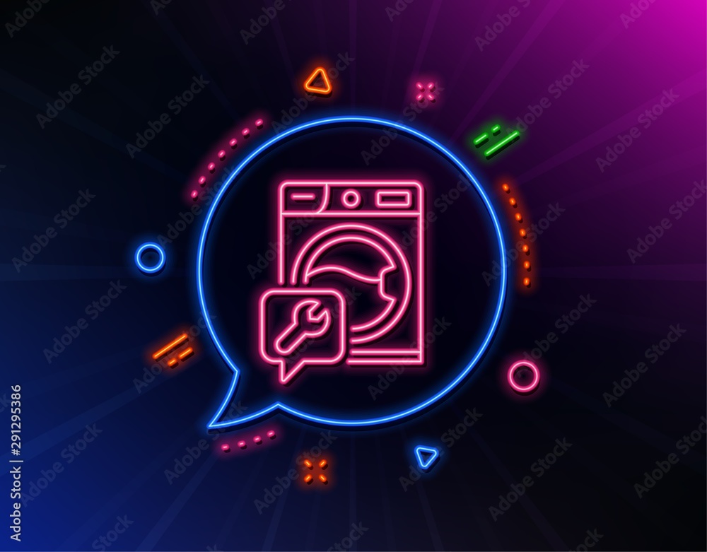 Spanner tool line icon. Neon laser lights. Washing machine repair service sign. Glow laser speech bubble. Neon lights chat bubble. Banner badge with washing machine icon. Vector