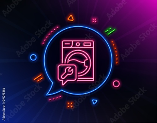 Spanner tool line icon. Neon laser lights. Washing machine repair service sign. Glow laser speech bubble. Neon lights chat bubble. Banner badge with washing machine icon. Vector