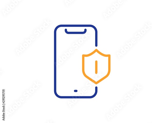 Phone shield sign. Smartphone protection line icon. Mobile device symbol. Colorful outline concept. Blue and orange thin line smartphone protection icon. Vector