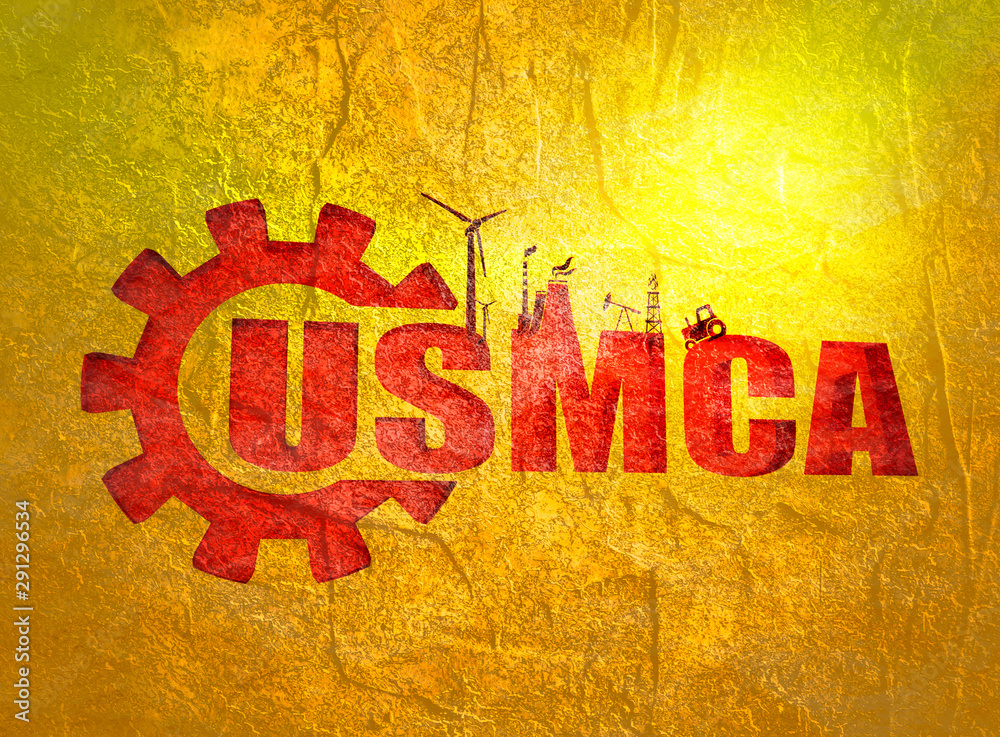 USMCA - United States Mexico Canada Agreement. Decorated USMCA letters. Heavy industry and business concept.