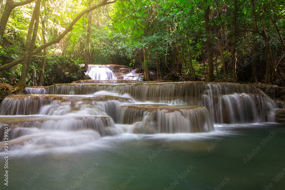 beautiful deep forest waterfall in Thailand, Erawan waterfall beautiful deep forest waterfall in Thailand, Erawan waterfall