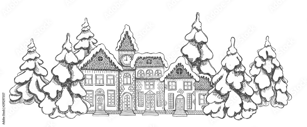 Illustration of houses. Christmas Greeting card. Set of hand drawn buildings.