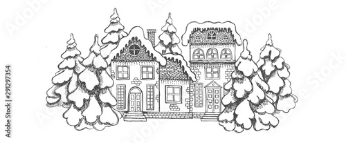Illustration of houses. Christmas Greeting card. Set of hand drawn buildings.