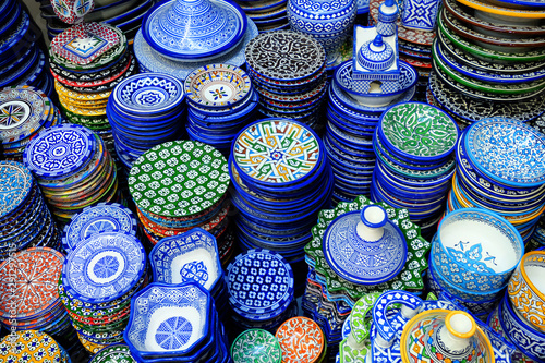 Colorful crafts shop with ceramic art on a traditional moroccan market, Morocco in Africa