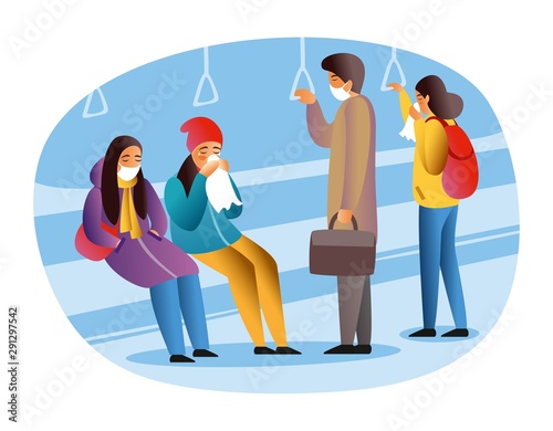 People in winter clothes sitting in the subway blow their nose into a handkerchief. People in medical masks in the transport. Seasonal cold. Vector flat illustration.