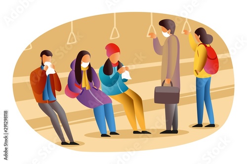 People in winter clothes sitting in the subway blow their nose into a handkerchief. People in medical masks in the transport. Seasonal cold. Vector flat illustration.