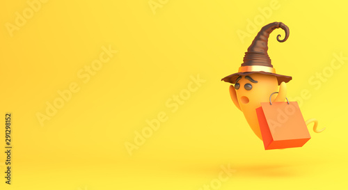 Cute cartoon ghost wearing witch hat with shopping bag on orange background, copy space text area.  Design creative concept of happy halloween celebration holiday. 3D rendering illustration.