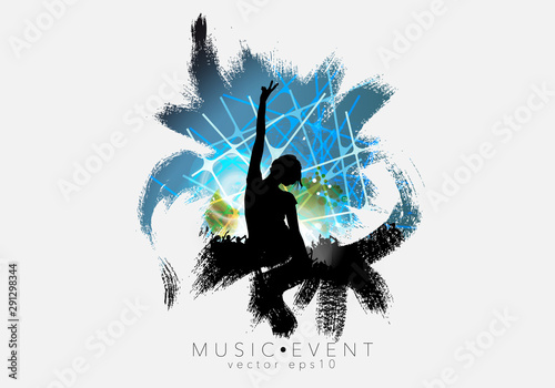 Crowd with raised hands at concert. Music festival, vector