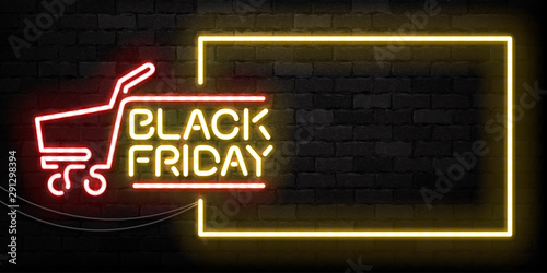 Vector realistic isolated neon sign of Black Friday frame logo for template decoration and invitation covering on the wall background. Concept of sale, special offer and discount.