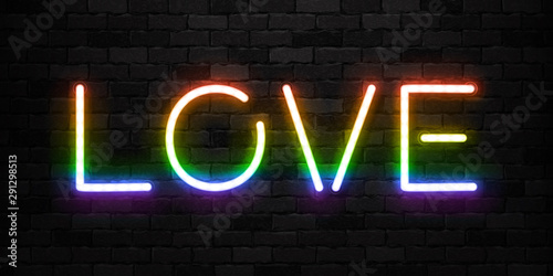 Vector realistic isolated neon sign of Love in rainbow color logo for template decoration and invitation covering on the wall background. Concept of Pride.