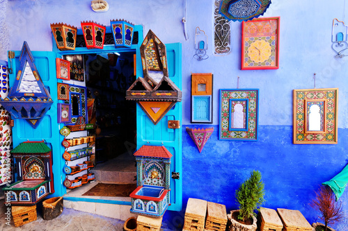 Street market in Chefchaouen, Morocco. Traditional moroccan architectural details.
