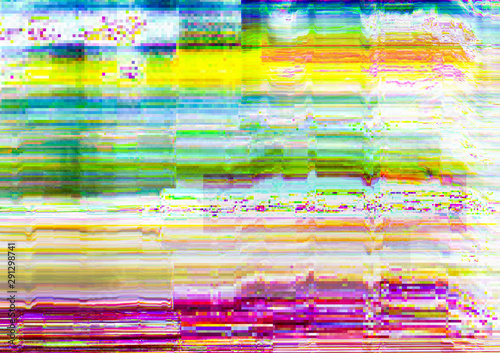 Distorted display. Glitch error. Multicolor pixel noise pattern overlay.